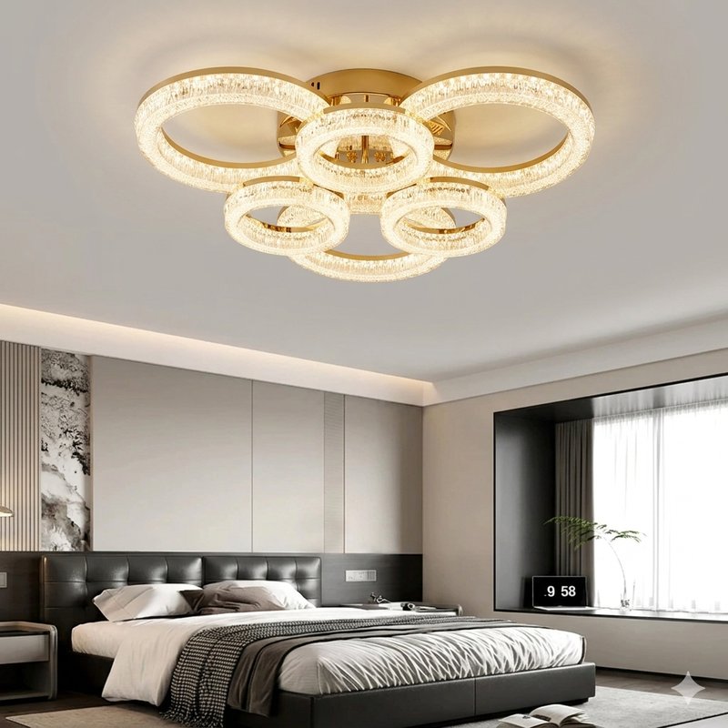 Lustră LED modernă, model K3536/3+3GD, 200W, telecomandă inclusă, 3 trepte de lumină și intensitate reglabilă, finisaj auriu